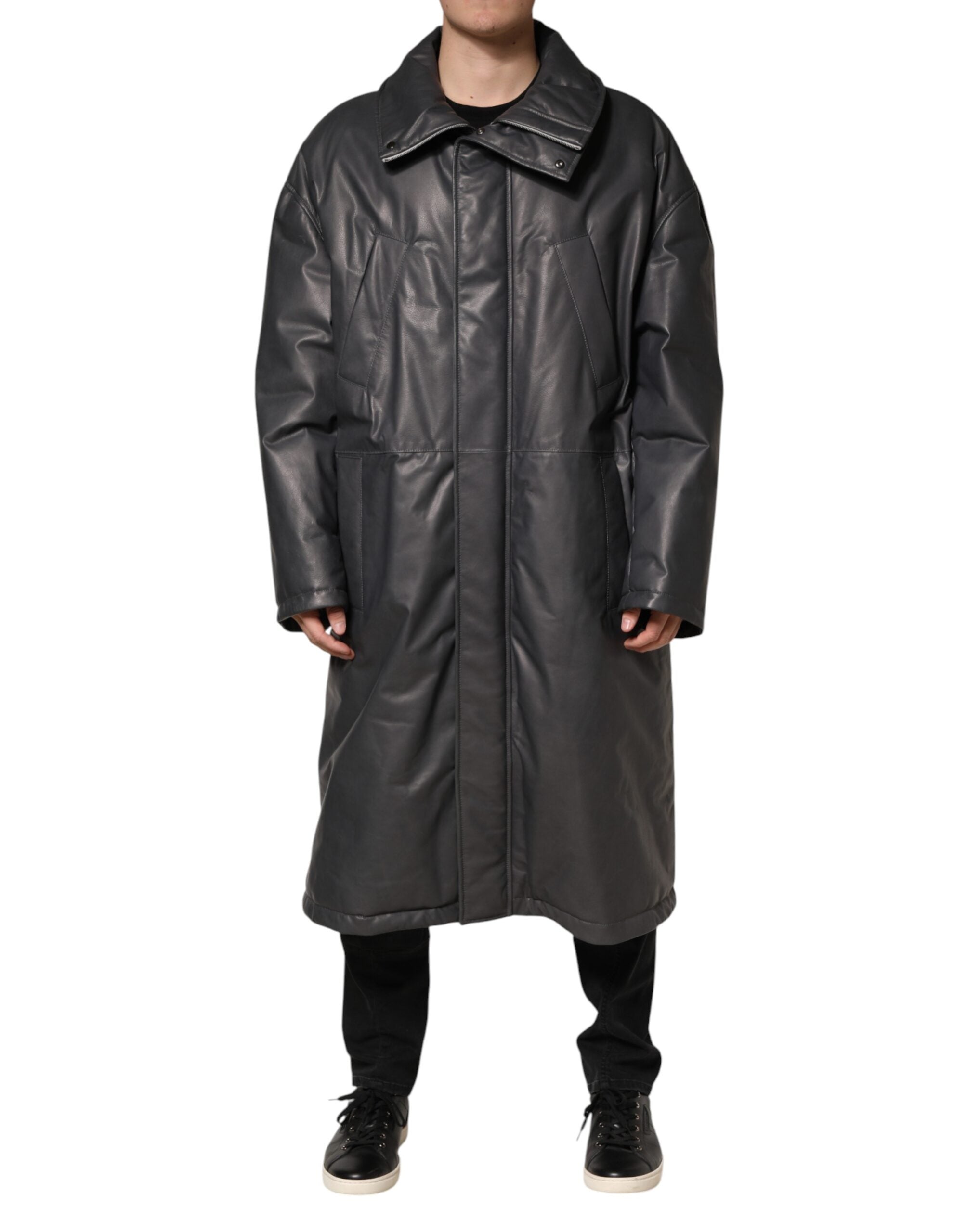 Dolce & Gabbana Black Leather Collared Trench Coat Men's Jacket (Pre-Owned)
