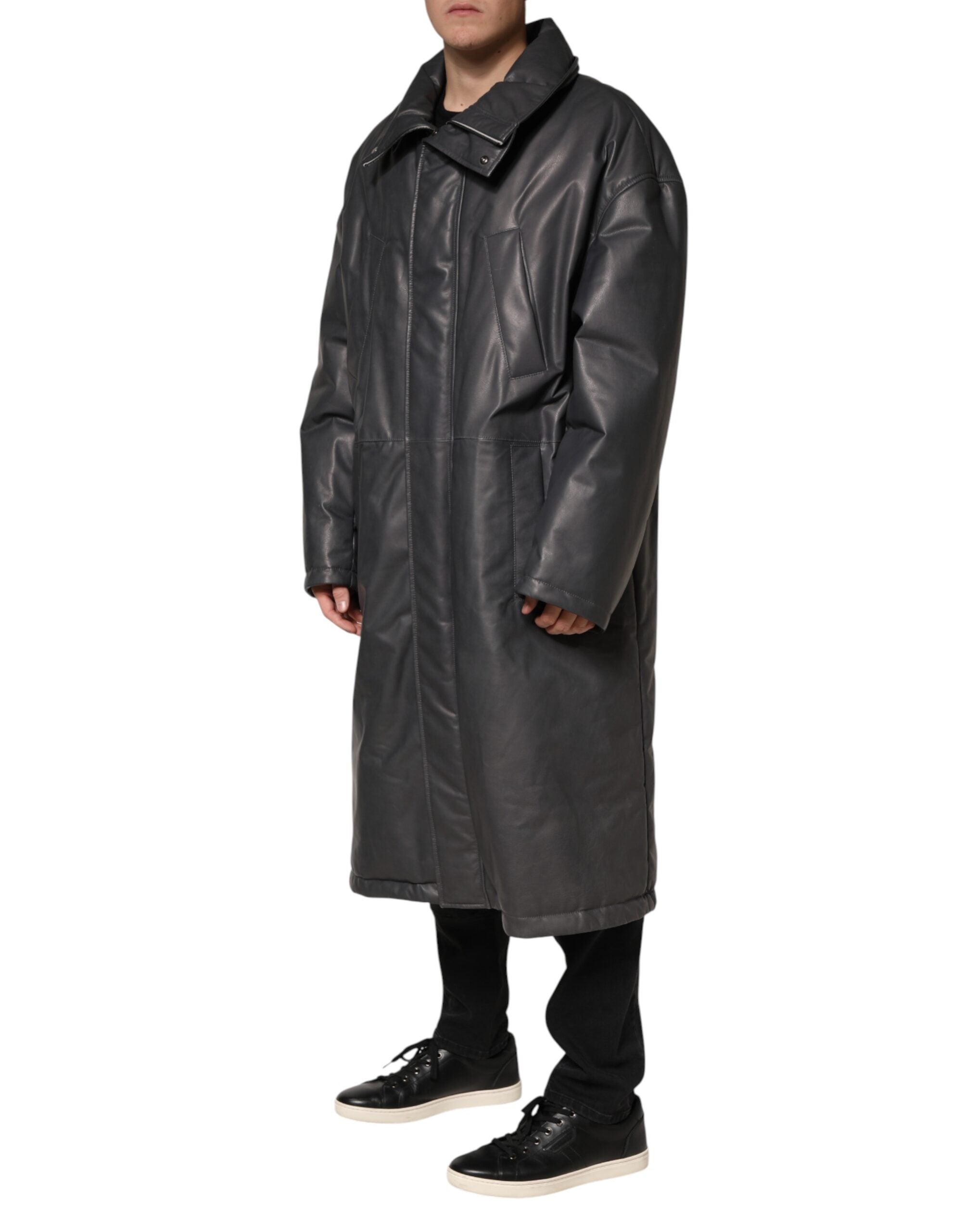 Dolce & Gabbana Black Leather Collared Trench Coat Men's Jacket (Pre-Owned)