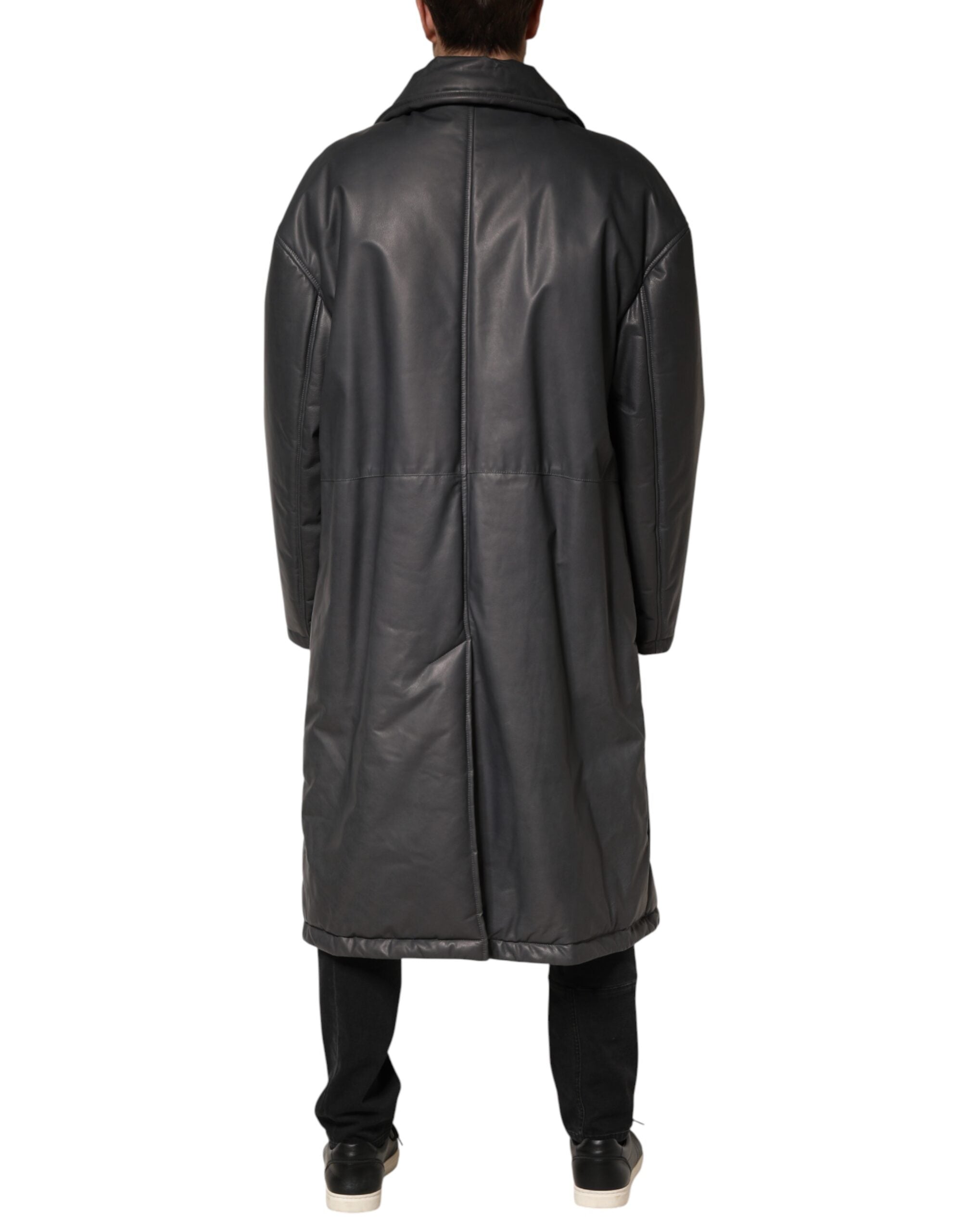 Dolce & Gabbana Black Leather Collared Trench Coat Men's Jacket (Pre-Owned)