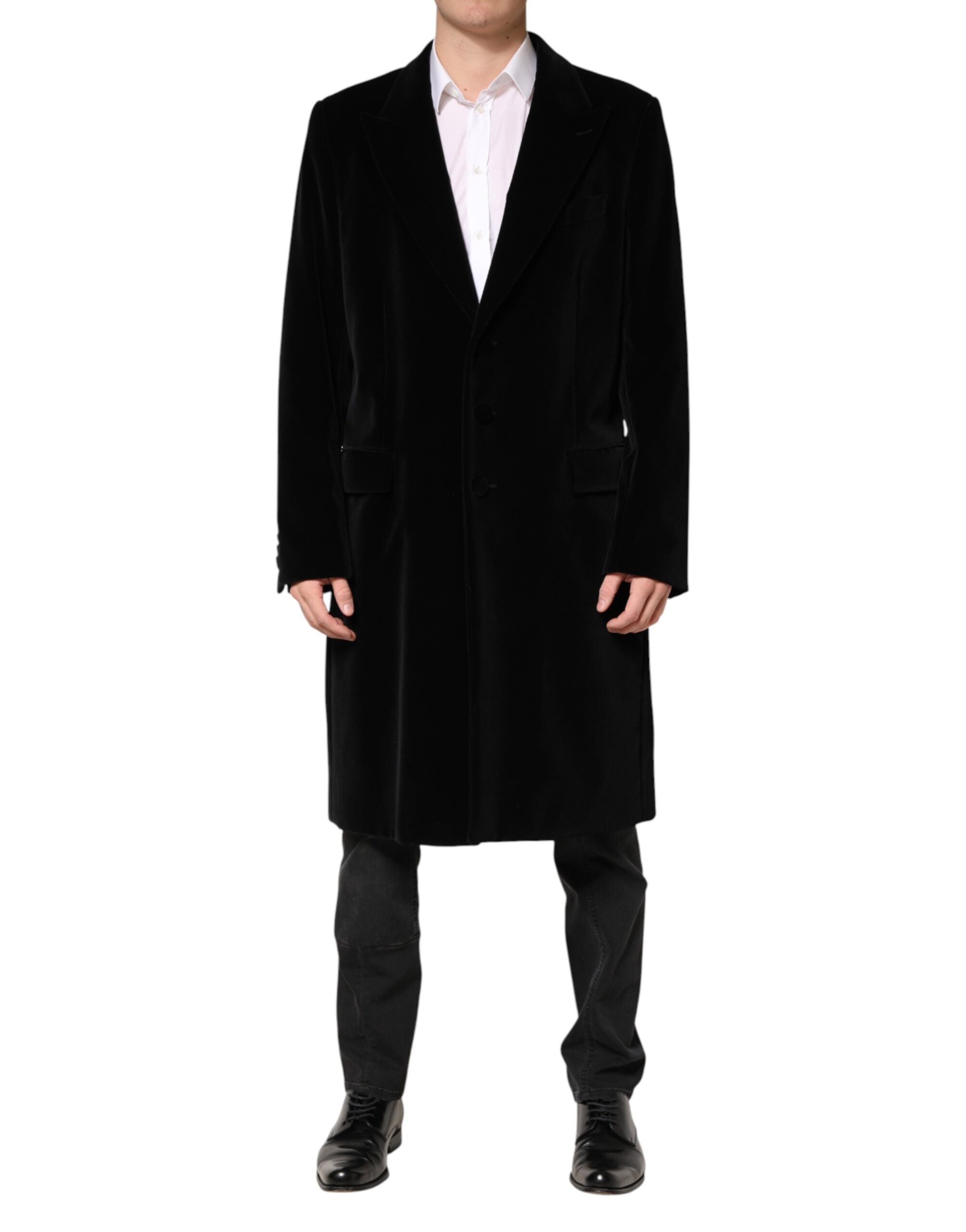 Dolce & Gabbana Black Cotton Velvet Long Trench Coat Men's Jacket