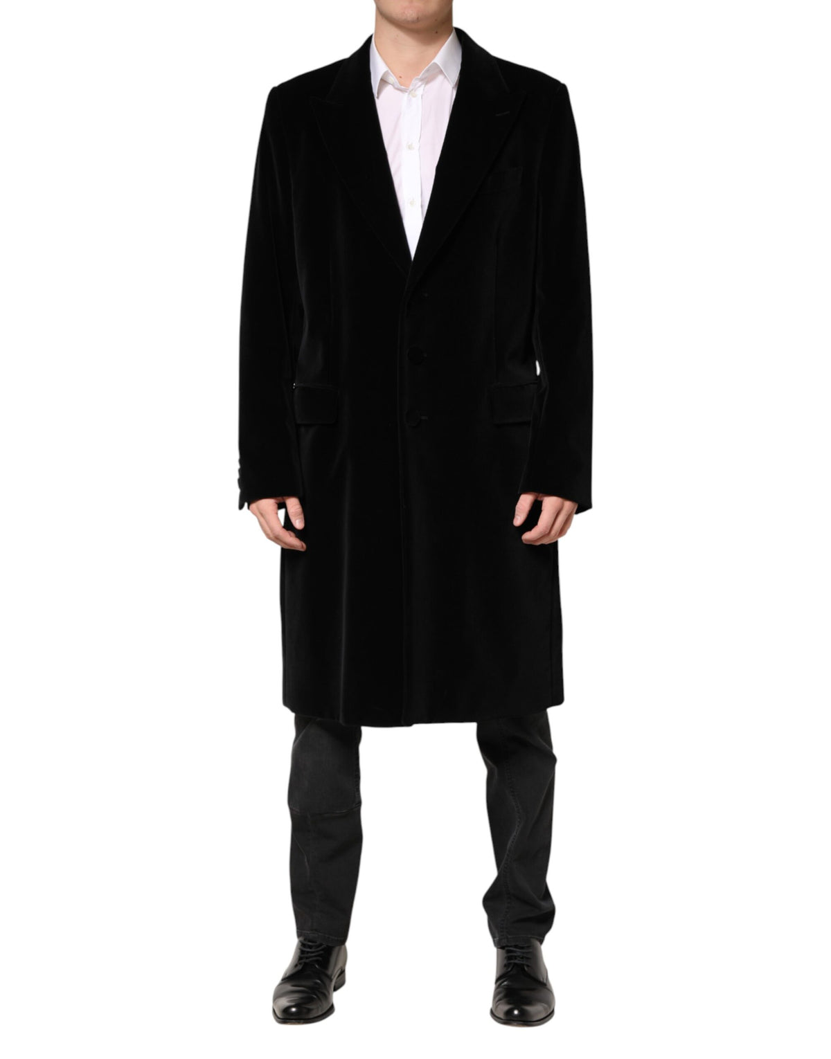 Dolce & Gabbana Black Cotton Velvet Long Trench Coat Men's Jacket