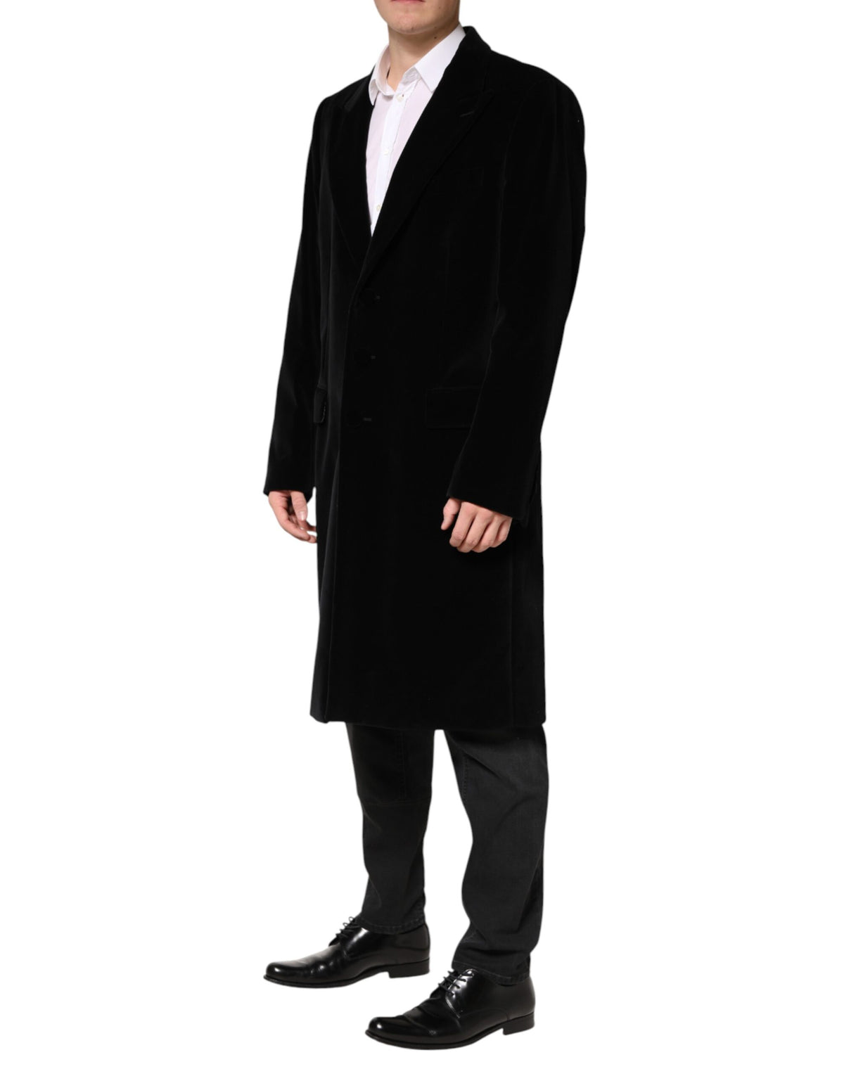 Dolce & Gabbana Black Cotton Velvet Long Trench Coat Men's Jacket