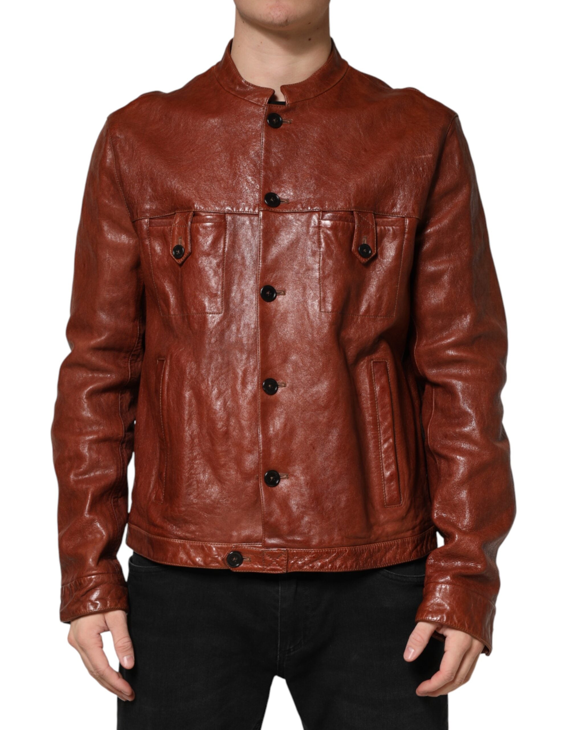 Dolce & Gabbana Brown Leather Button Down Men Biker Men's Jacket