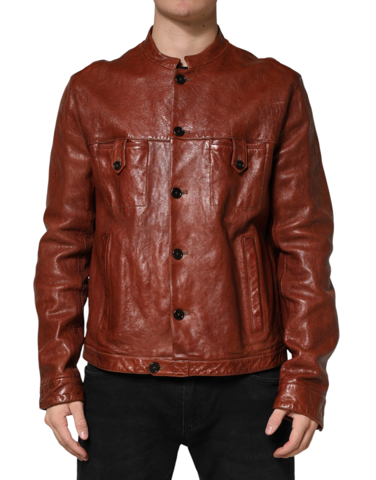 Dolce & Gabbana Brown Leather Button Down Men Biker Men's Jacket