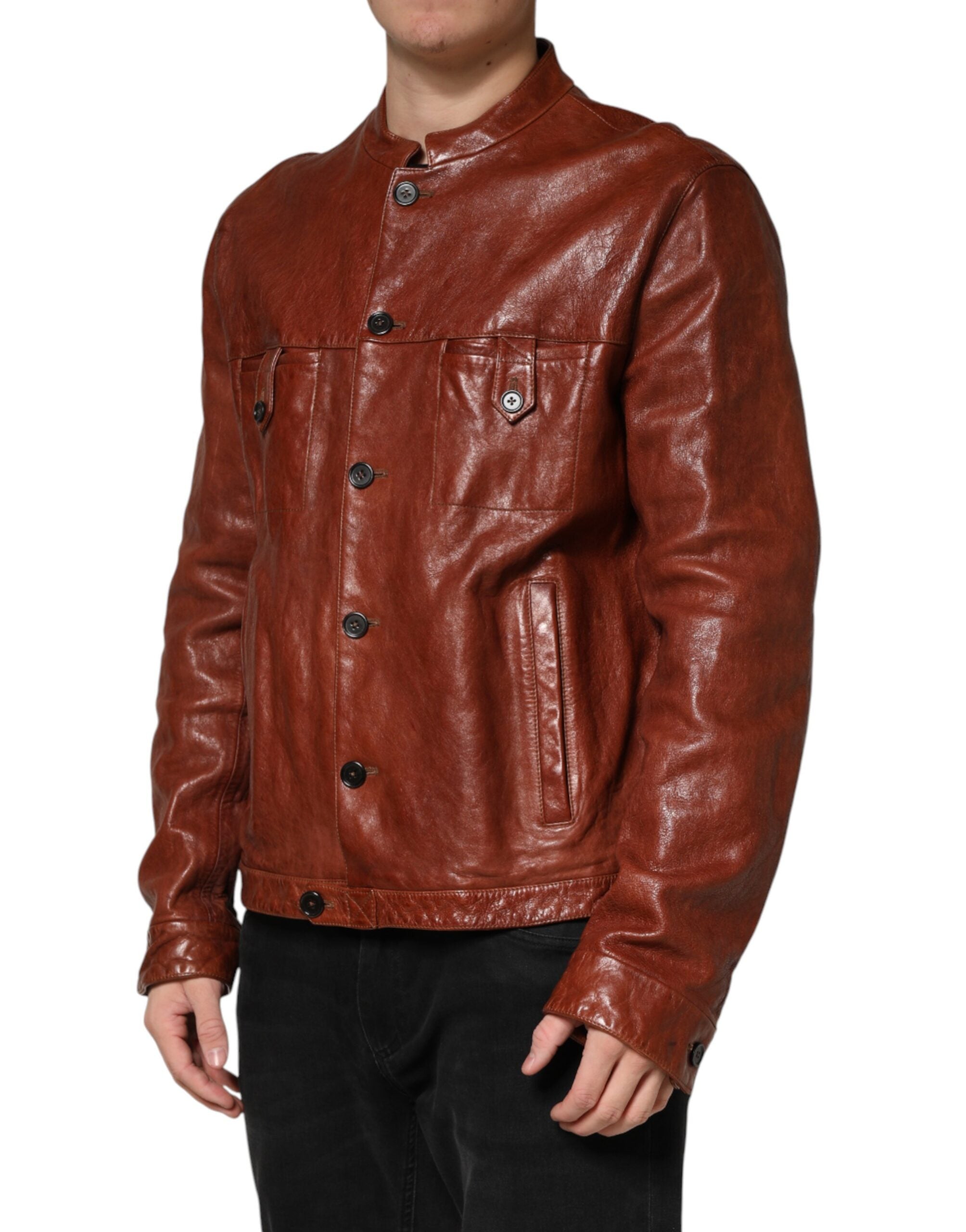 Dolce & Gabbana Brown Leather Button Down Men Biker Men's Jacket