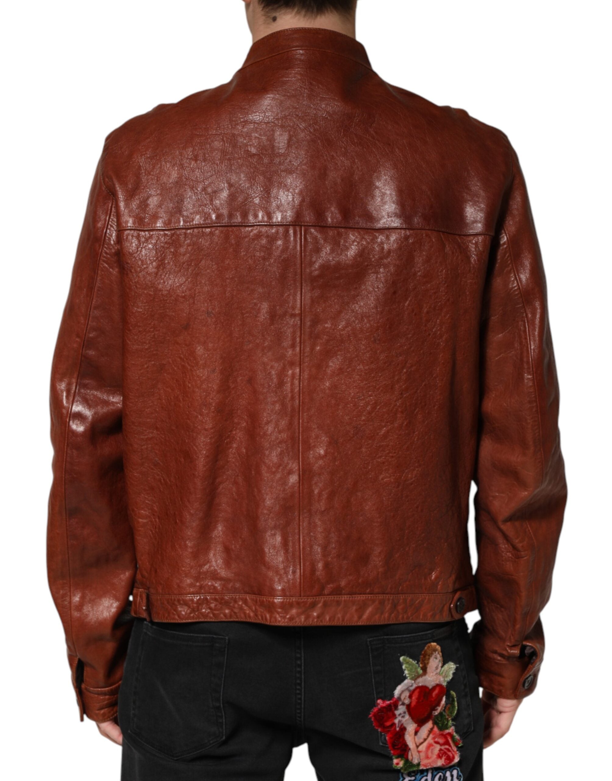 Dolce & Gabbana Brown Leather Button Down Men Biker Men's Jacket