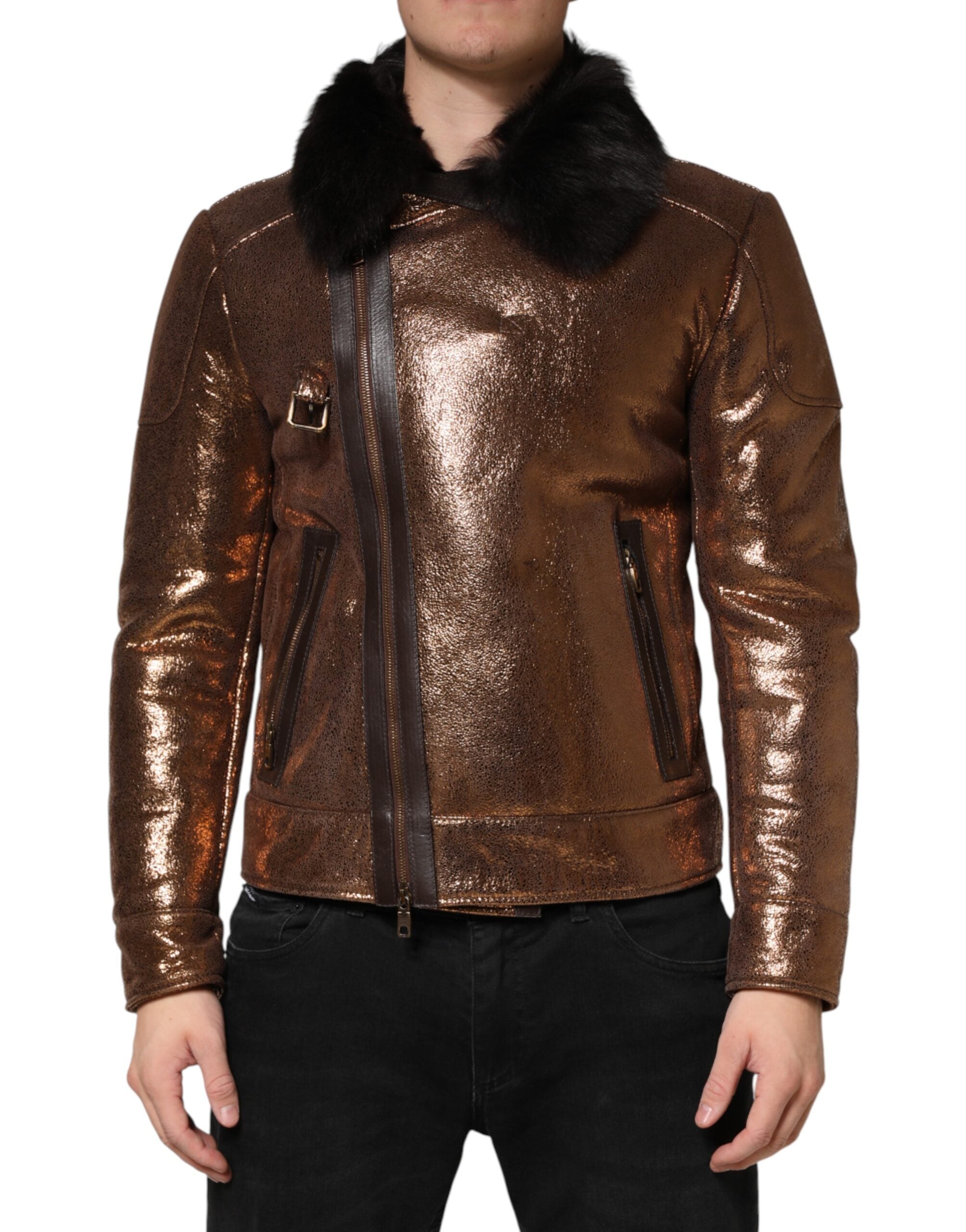 Dolce & Gabbana Bronze Leather Fur Full Zip Men Biker Men's Jacket