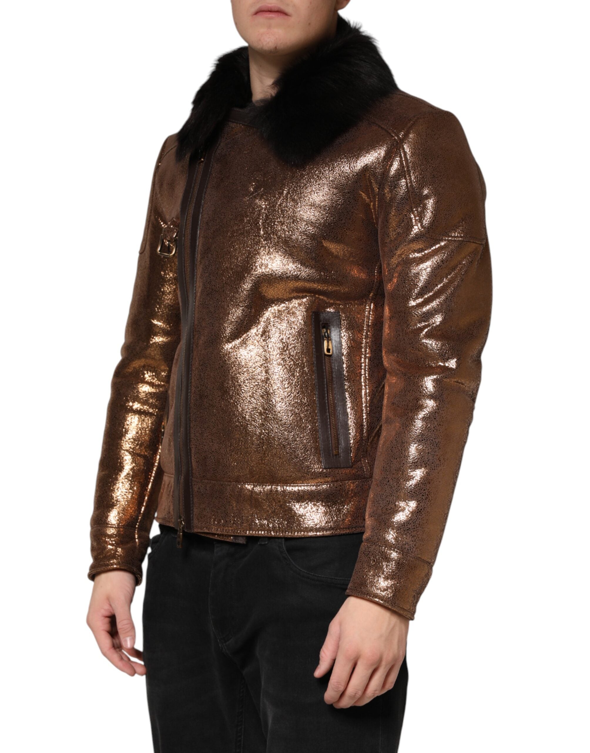 Dolce & Gabbana Bronze Leather Fur Full Zip Men Biker Men's Jacket