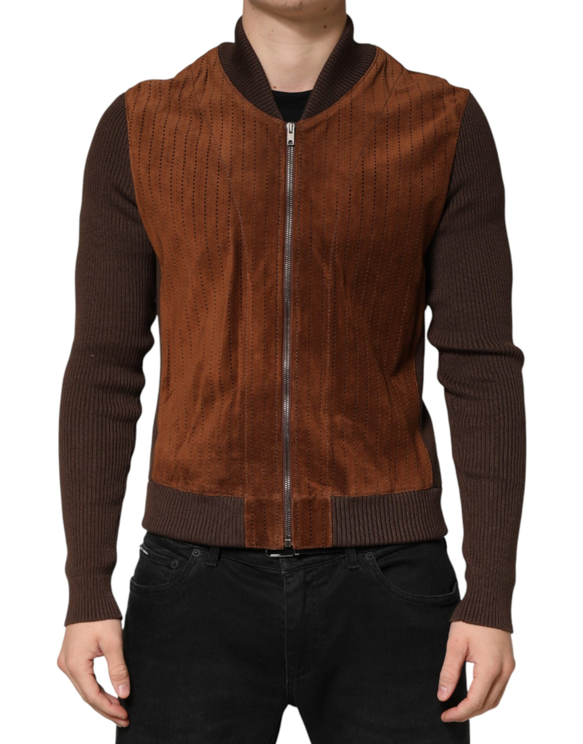 Dolce & Gabbana Brown Velvet Calfskin Full Zip Biker Men's Jacket