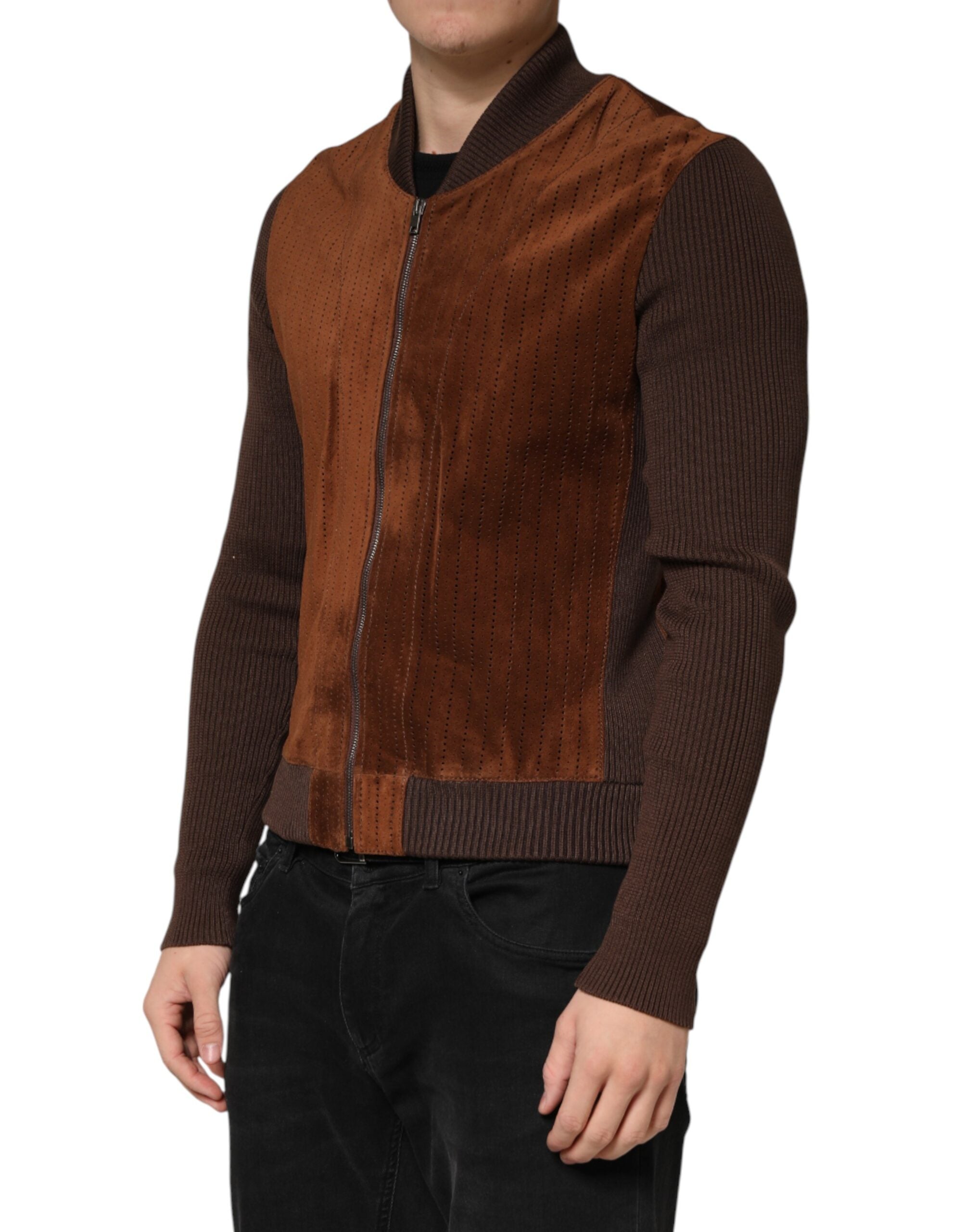 Dolce & Gabbana Brown Velvet Calfskin Full Zip Biker Men's Jacket