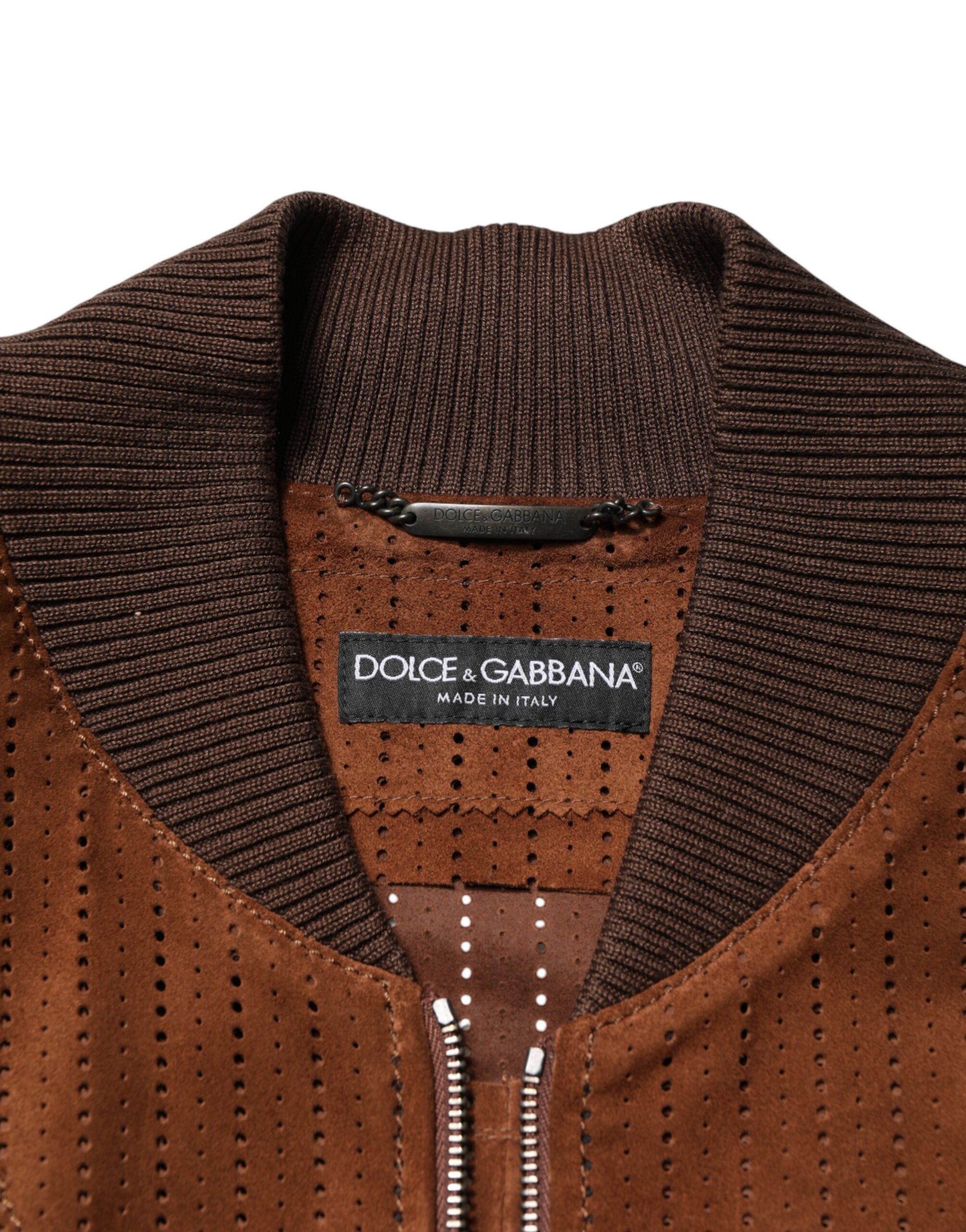 Dolce & Gabbana Brown Velvet Calfskin Full Zip Biker Men's Jacket