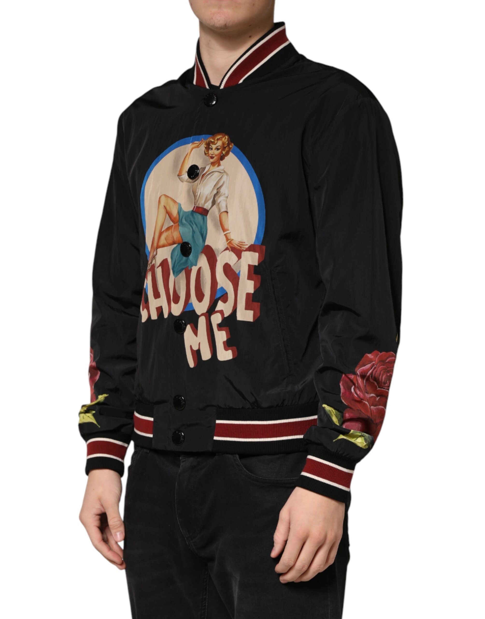 Dolce & Gabbana Black Pin Up Button Down Men Bomber Men's Jacket