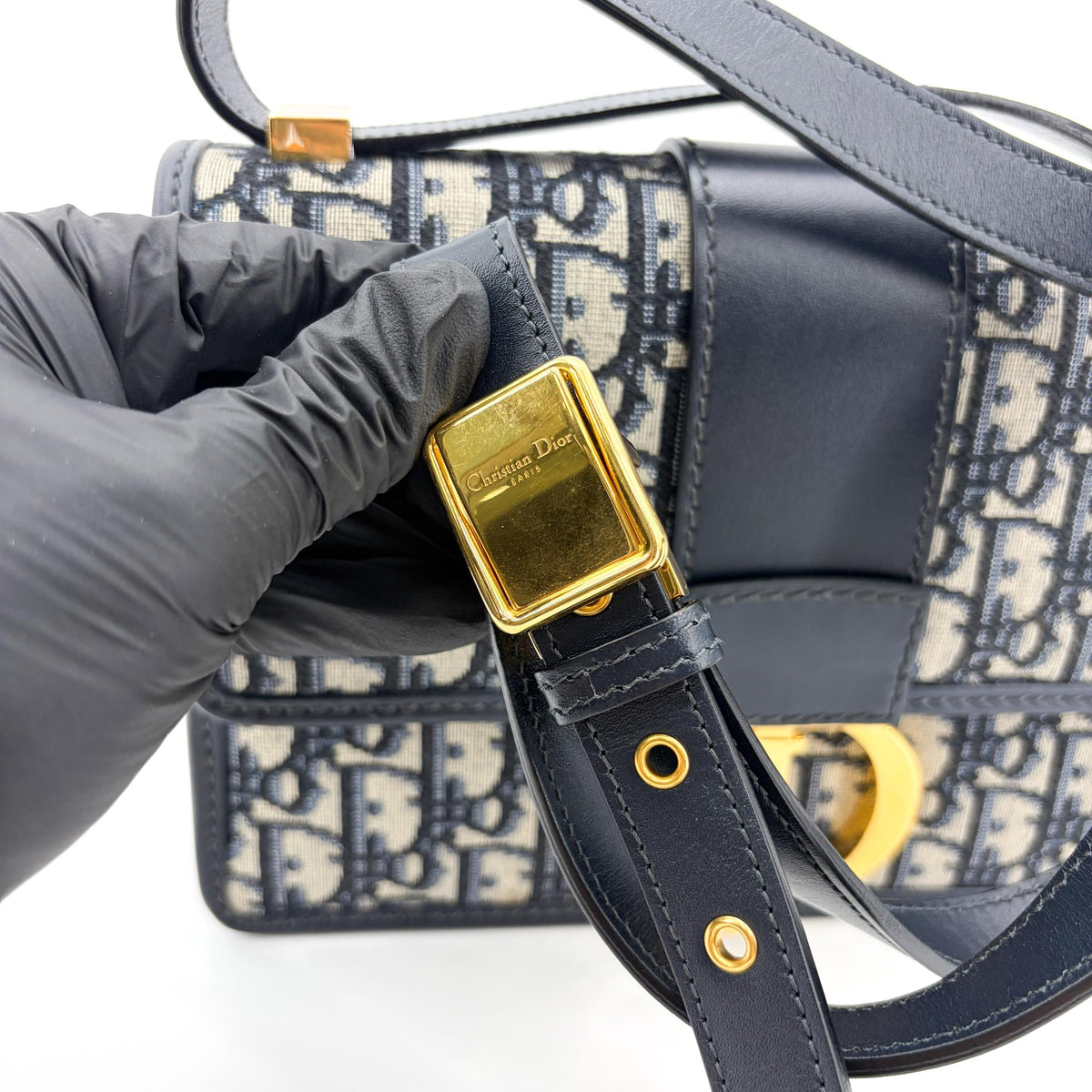 Christian Dior 30 Montaigne Flap Oblique Canvas Navy Canvas Handbag (Pre-Owned)