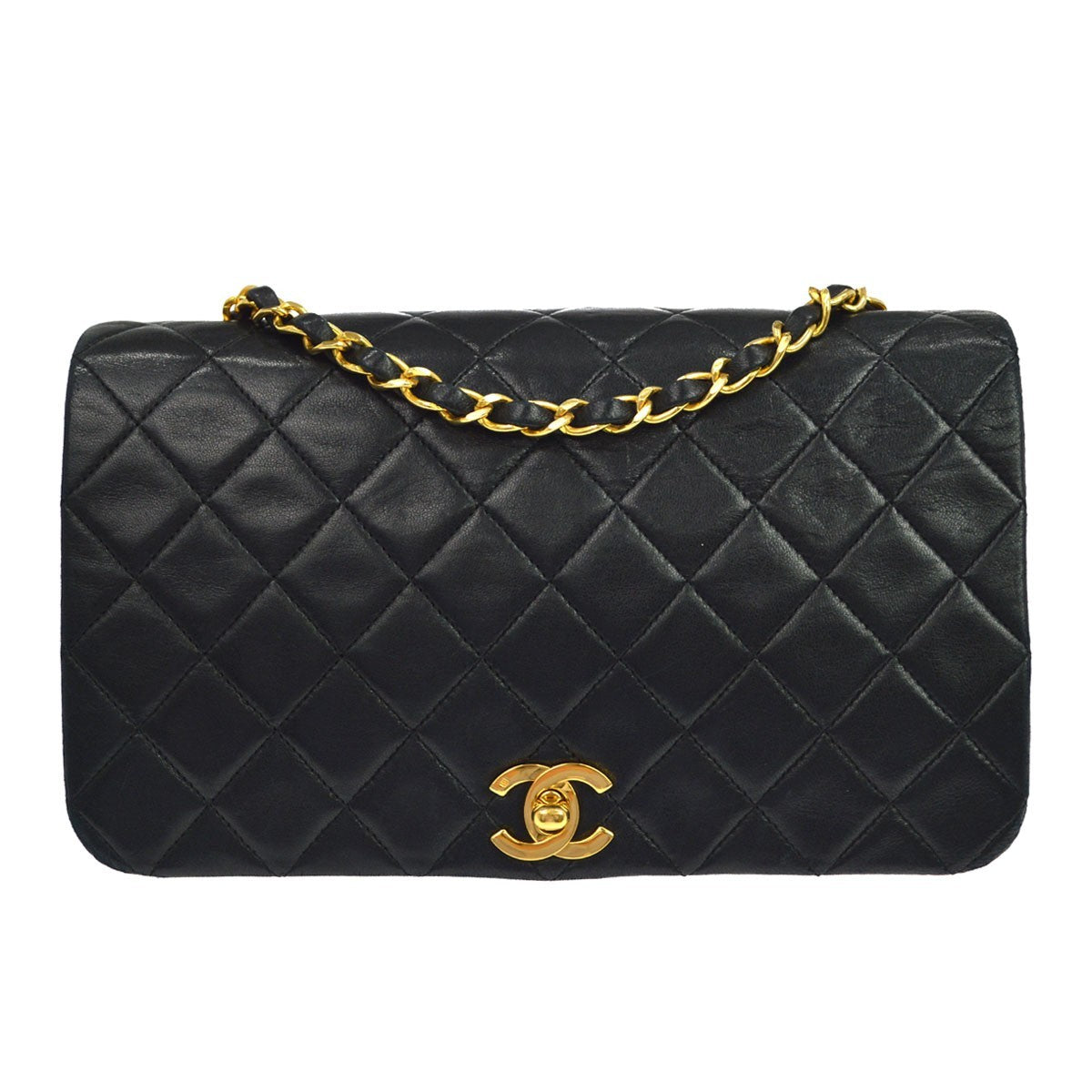 Chanel Vintage Full Flap Quilted Lambskin Black Leather Handbag (Pre-Owned)