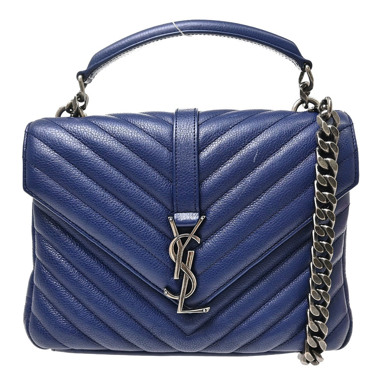 Saint Laurent Classic Monogram College Matelasse Chevron Leather Blue Leather Handbag (Pre-Owned)