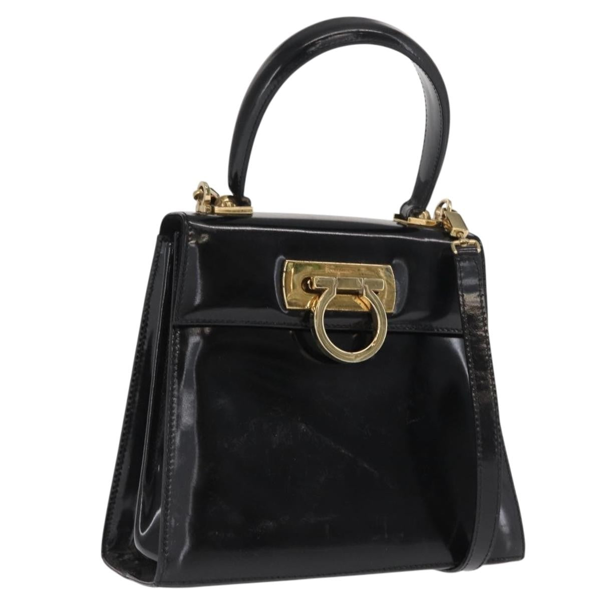 Salvatore Ferragamo Gancini Convertible Top Handle Patent Leather Black Patent_Leather Handbag (Pre-Owned)