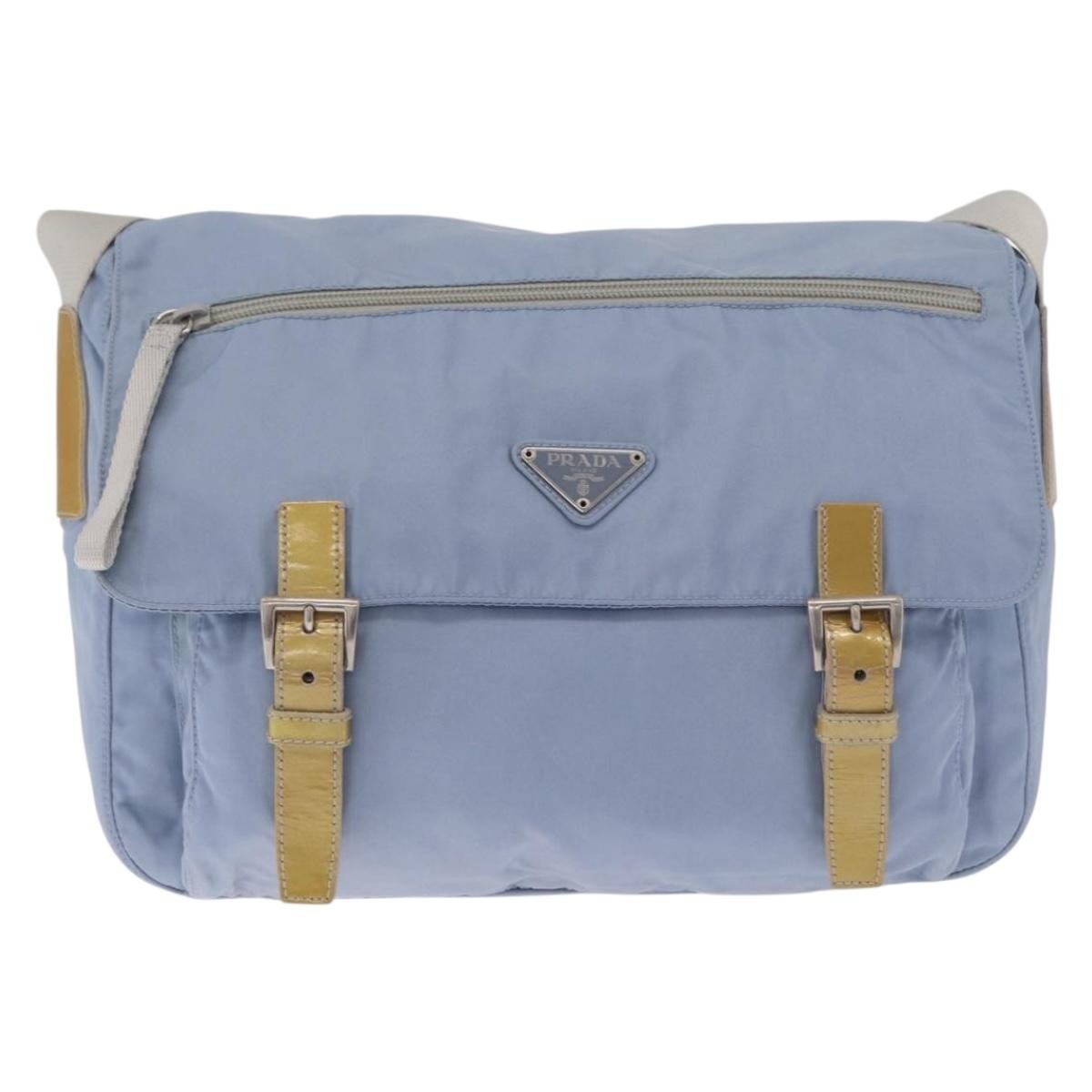 Prada Double Buckle Flap Messenger Re-Nylon Blue Nylon Handbag (Pre-Owned)