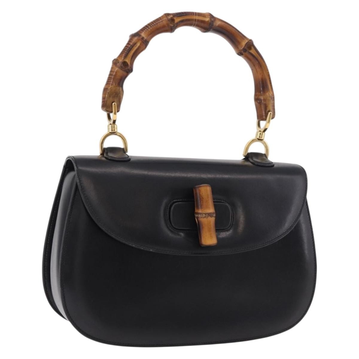 Gucci Vintage Convertible Bamboo Top Handle Leather Black Leather Handbag (Pre-Owned)