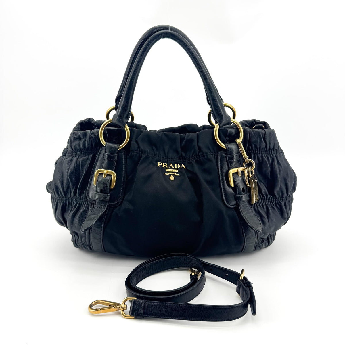 Prada Gaufre Convertible Satchel Leather And Tessuto Black Nylon Handbag (Pre-Owned)