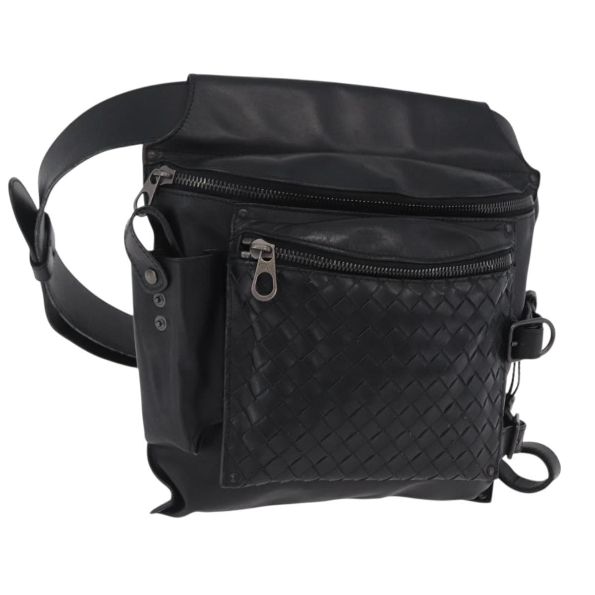 Bottega Veneta Utility Waist Leather With Intrecciato Black Leather Shoulder Bag Bag (Pre-Owned)