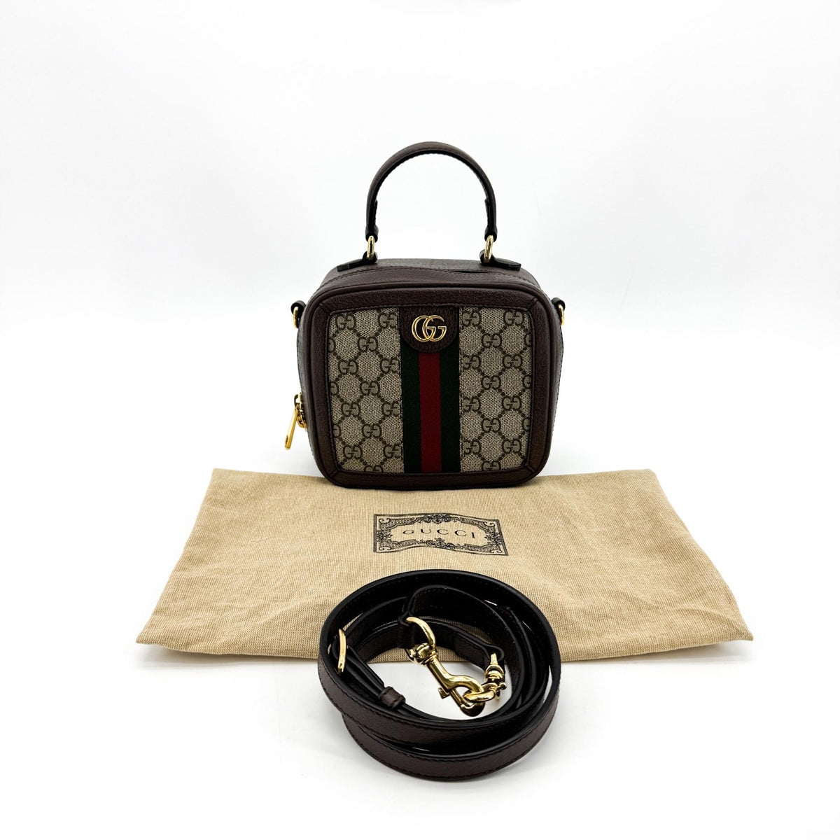 Gucci Ophidia Zip Around Top Handle Gg Coated Canvas With Leather Brown Canvas Handbag (Pre-Owned)