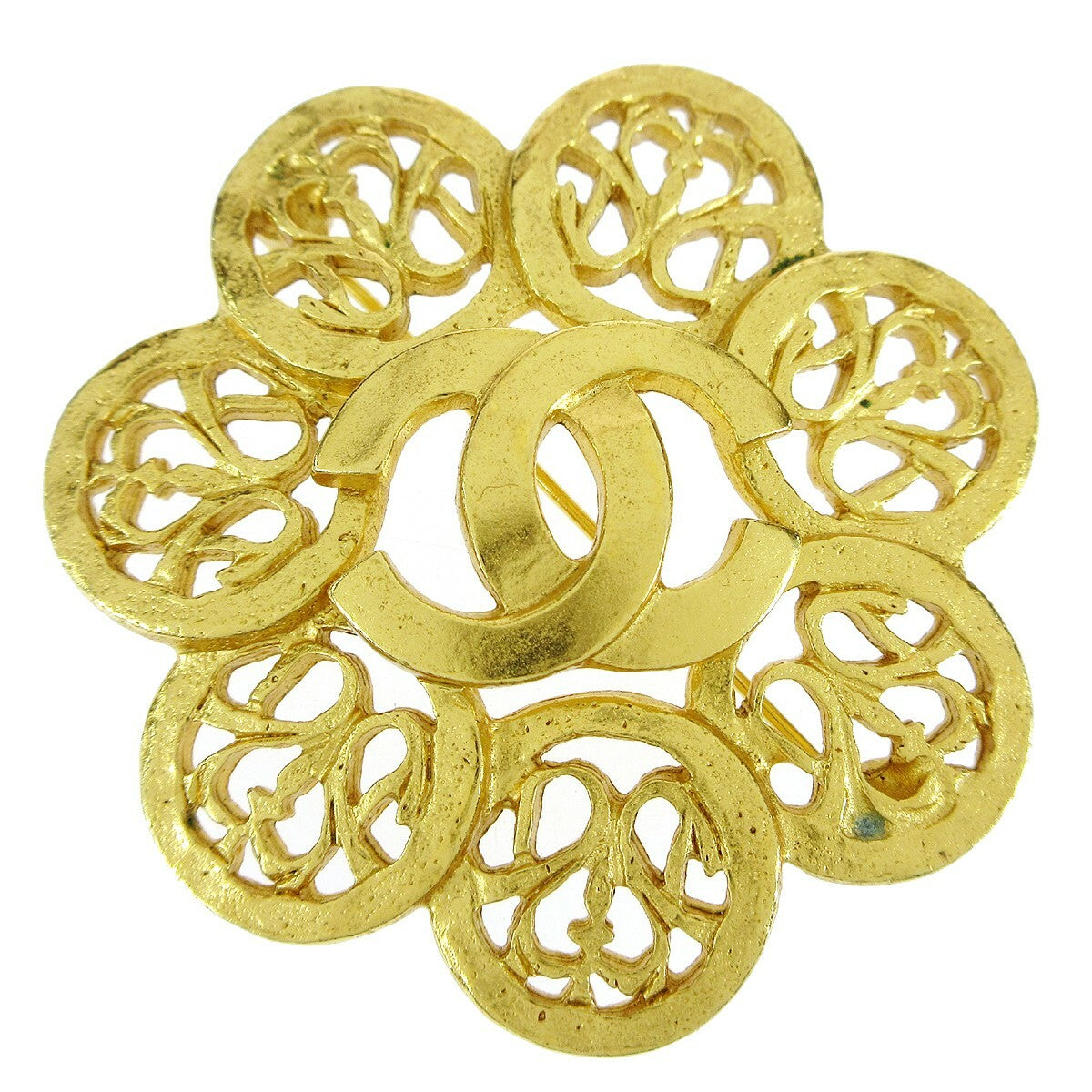 Chanel Vintage Cc Flower Textured Metal Gold Gold_Plated Brooch Jewelry (Pre-Owned)