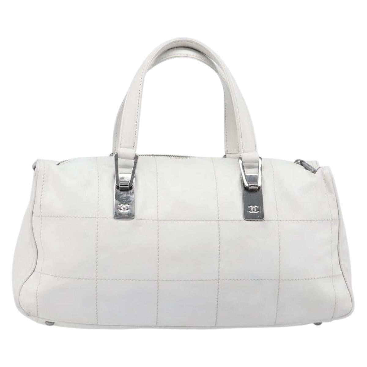 Chanel Square Stitch Cc Boston Quilted Leather White Leather Handbag (Pre-Owned)