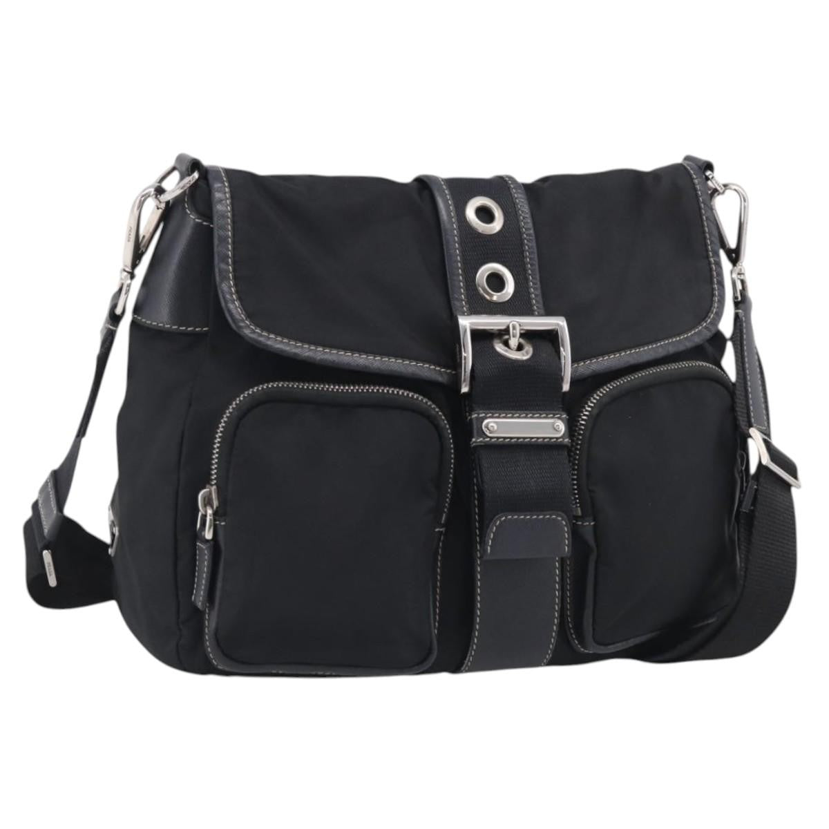 Prada Double Pocket Messenger Tessuto Black Nylon Handbag (Pre-Owned)