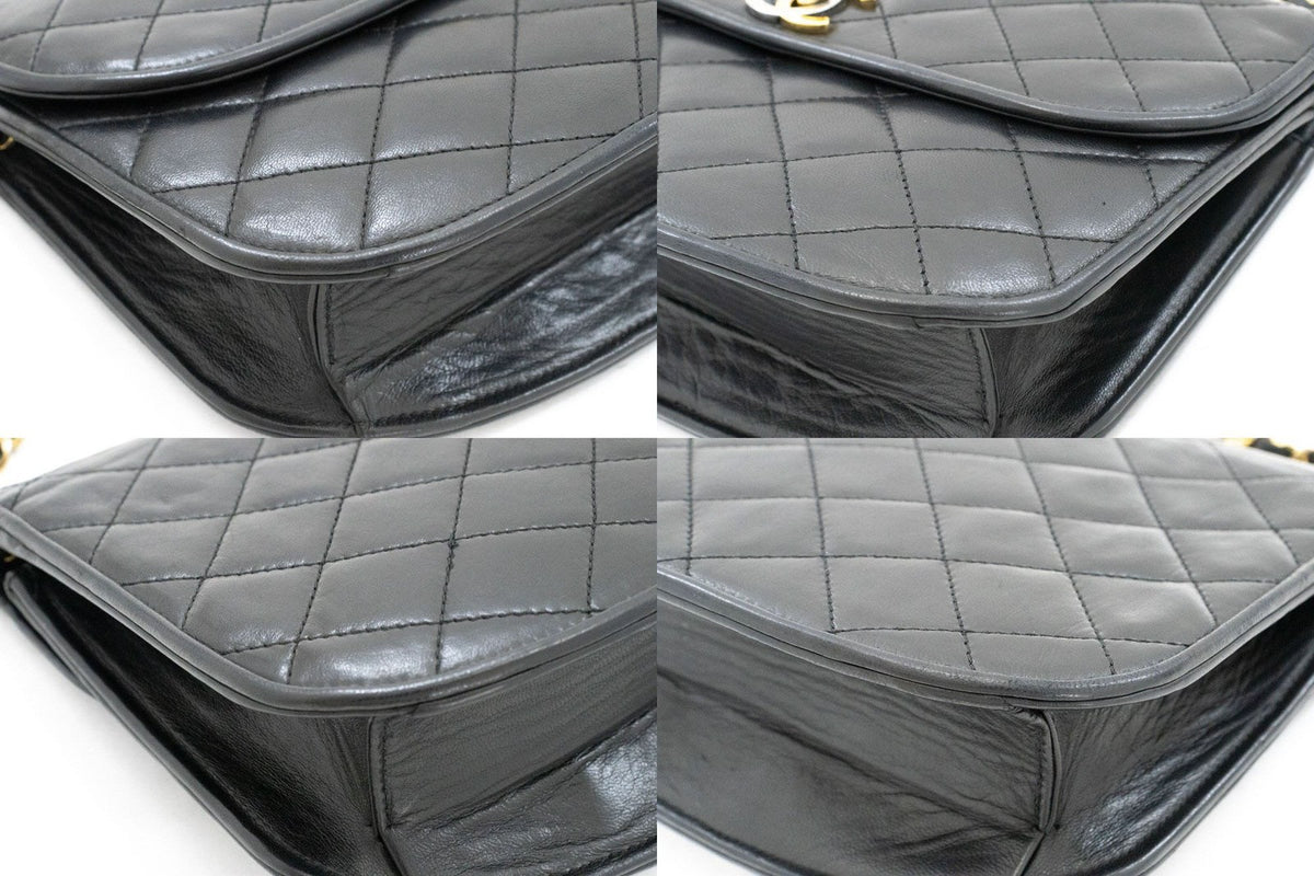 Chanel Vintage Round Flap Quilted Lambskin Black Leather Handbag (Pre-Owned)