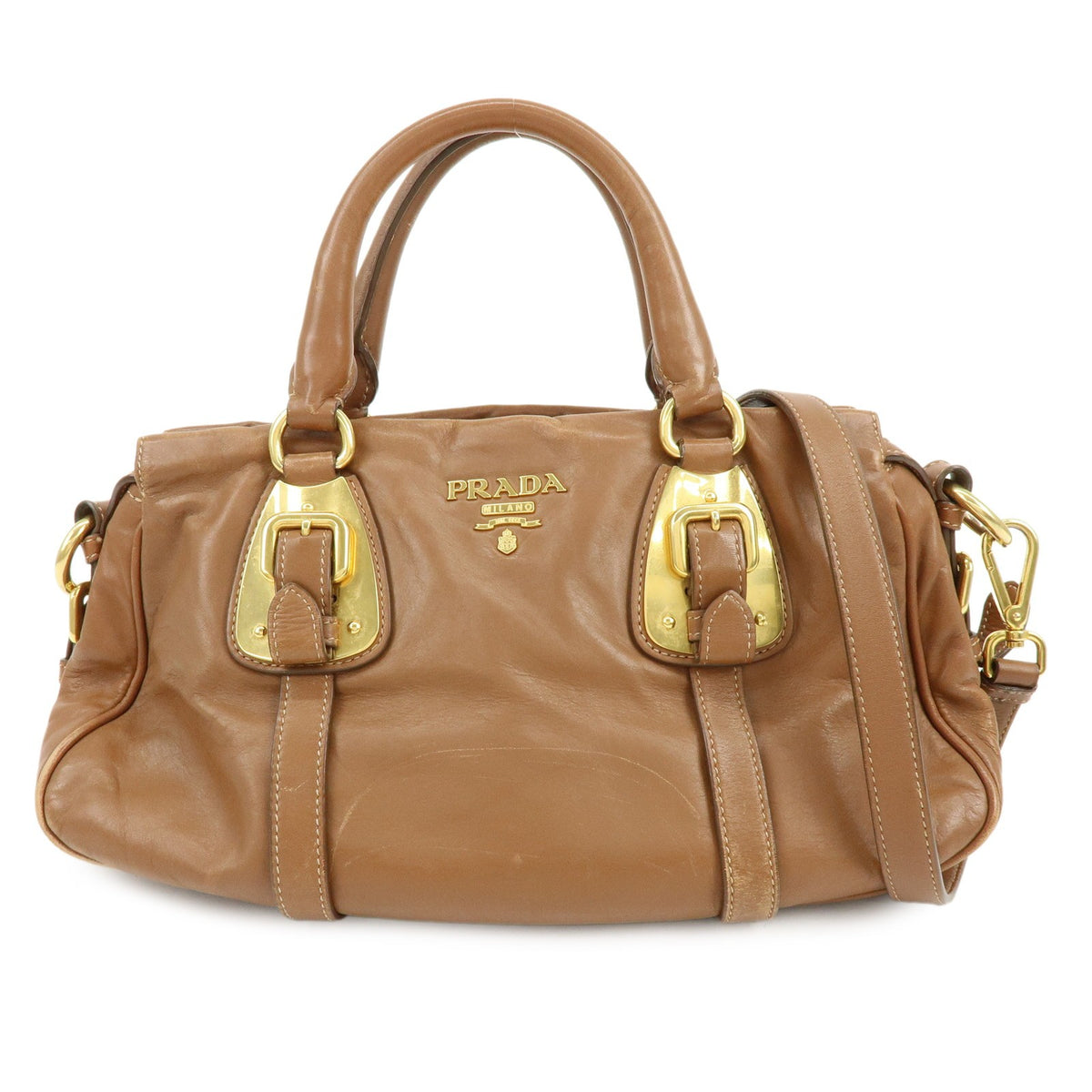 Prada Convertible Belted Satchel Soft Calf Brown Leather Handbag (Pre-Owned)