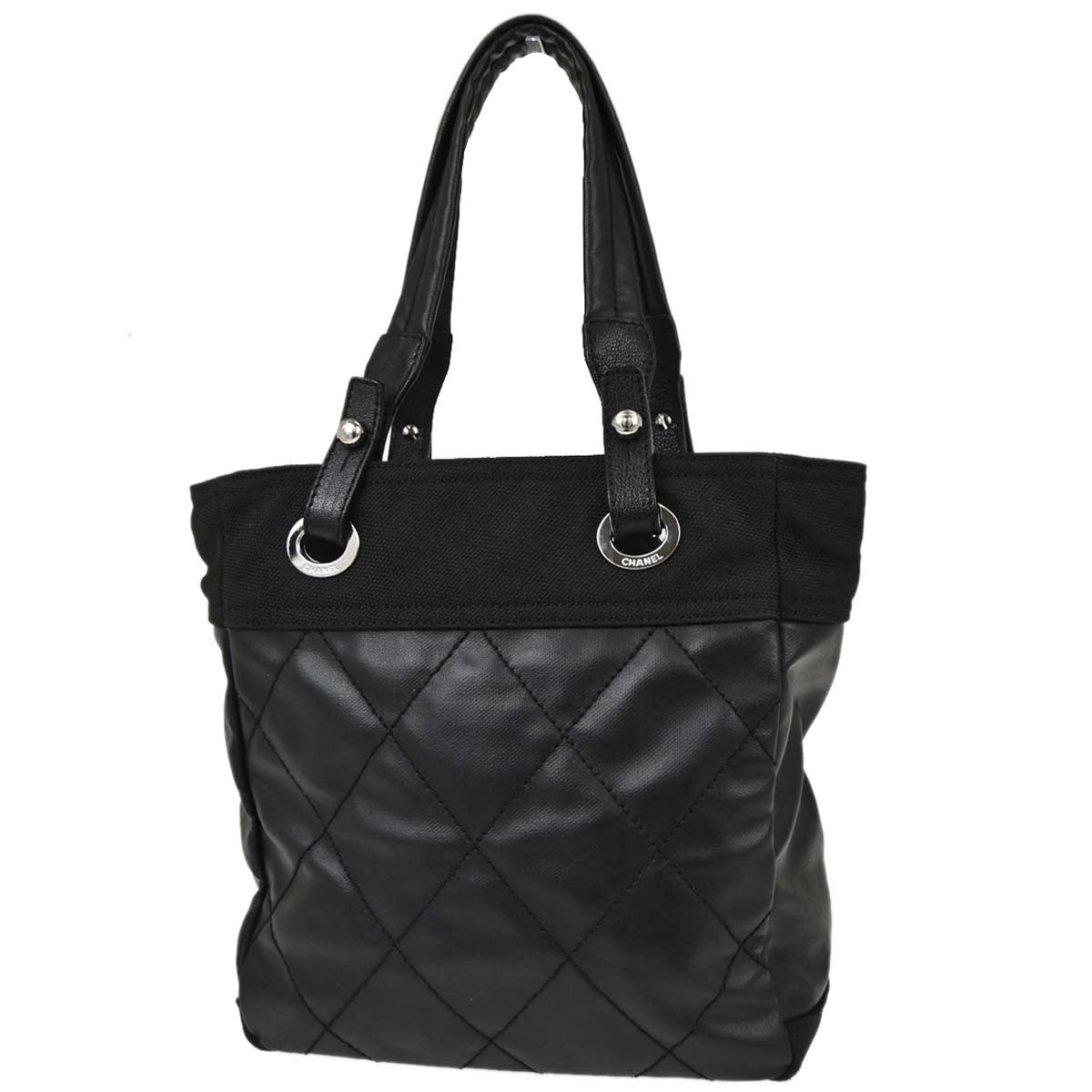 Chanel Biarritz Tote Quilted Coated Canvas Black Canvas Tote Bag Bag (Pre-Owned)