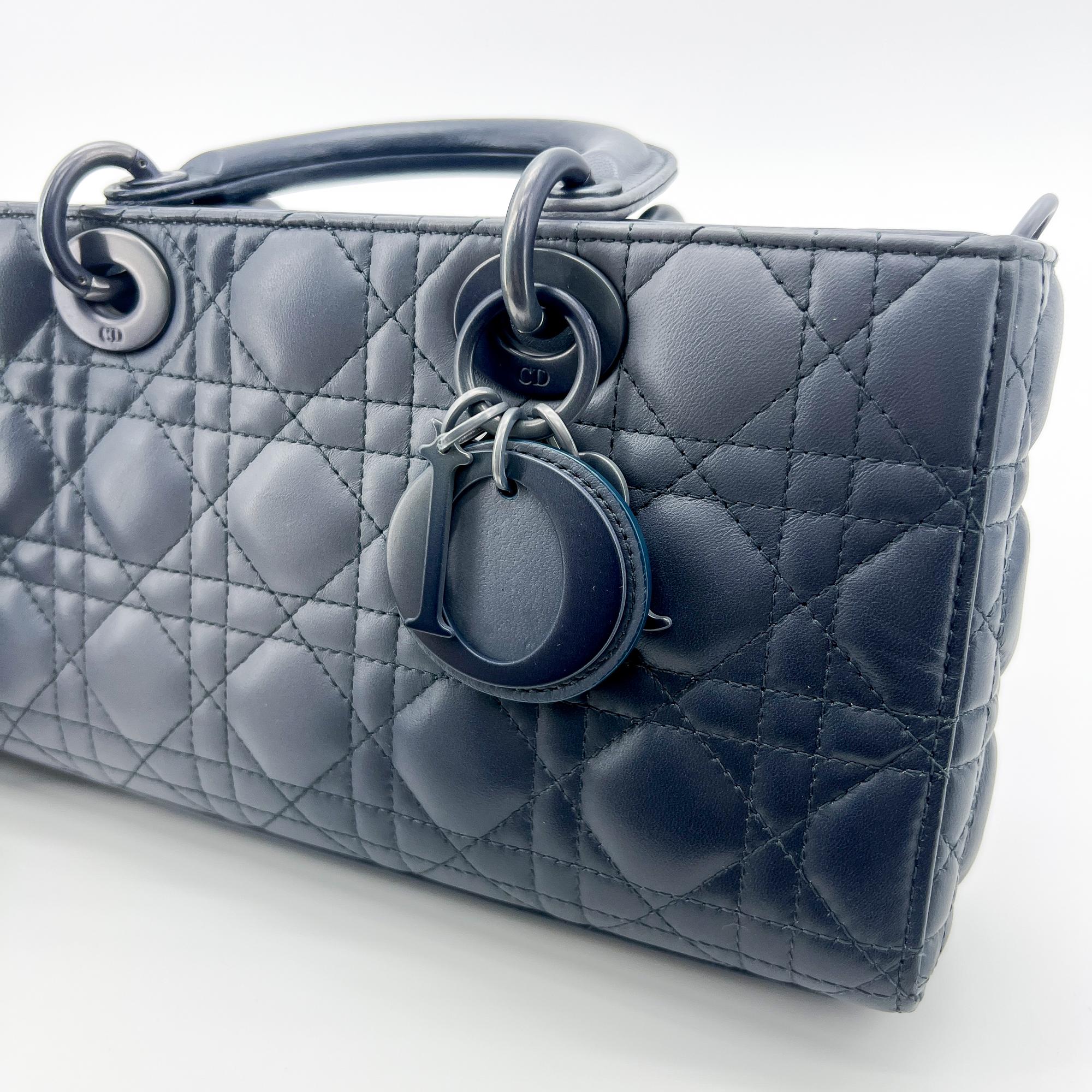 Christian Dior Lady D-Joy Cannage Quilt Lambskin Navy Leather Handbag (Pre-Owned)