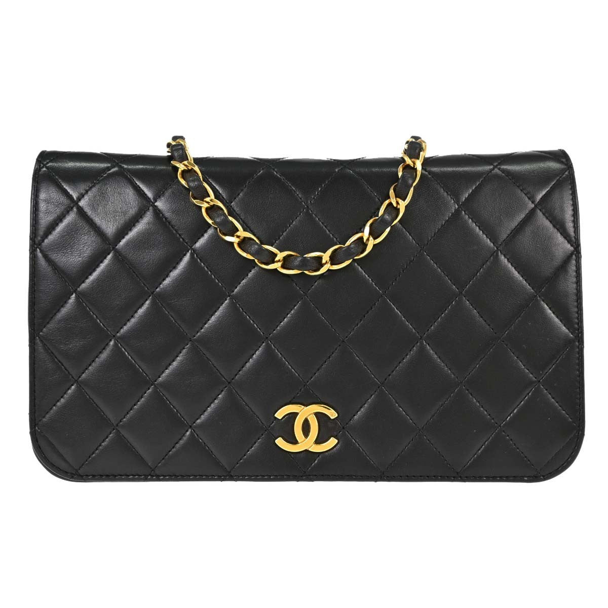 Chanel Vintage Full Flap Quilted Lambskin Black Leather Shoulder Bag Bag (Pre-Owned)
