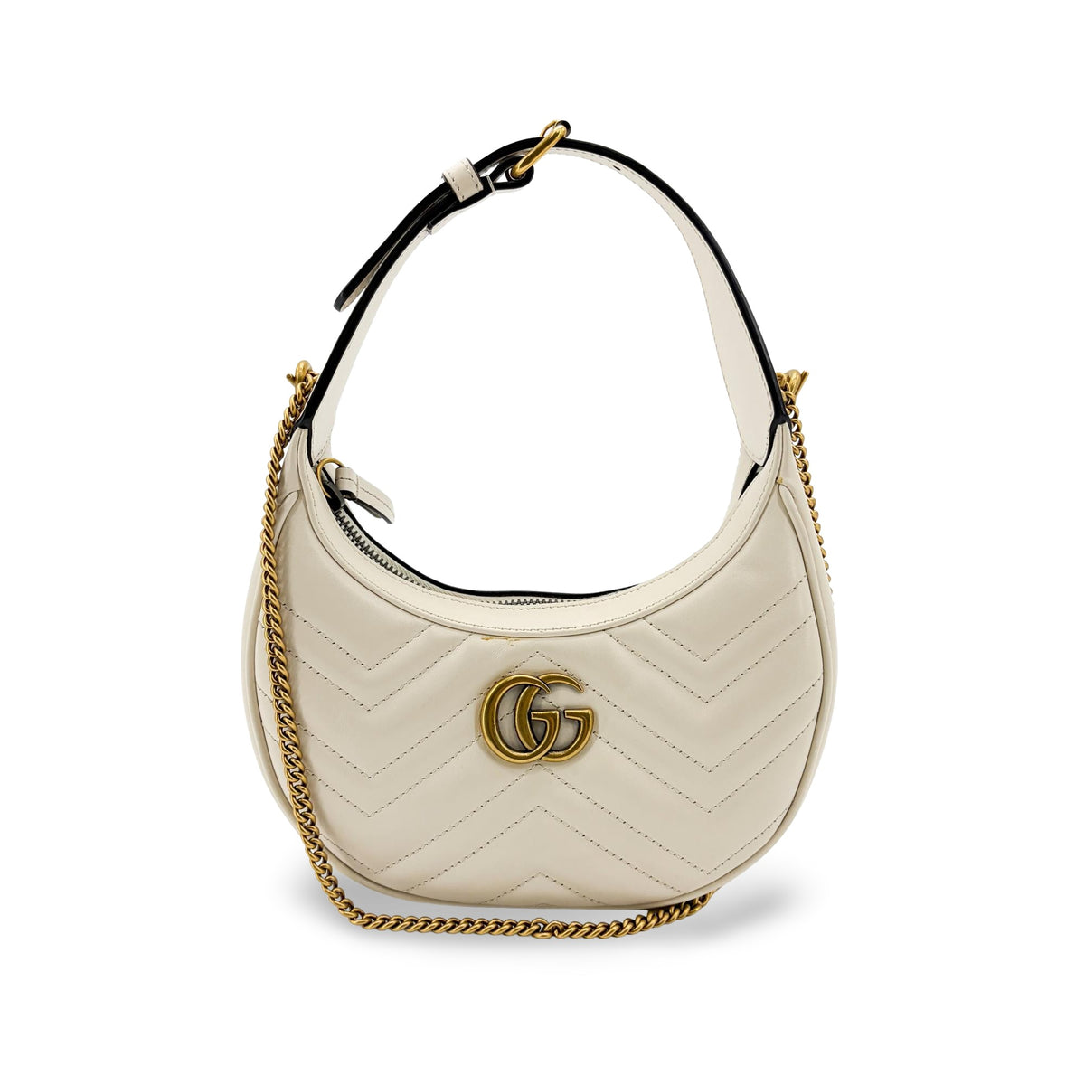 Gucci Gg Marmont Half Moon Hobo Matelasse Leather White Leather Shoulder Bag Bag (Pre-Owned)