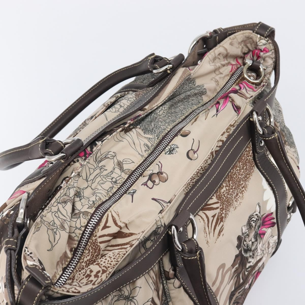 Salvatore Ferragamo Convertible Belted Boston Fiera Printed Nylon With Leather Beige Nylon Handbag (Pre-Owned)