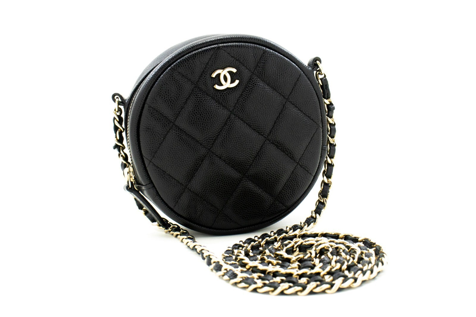 Chanel Round Compartment Clutch With Chain Quilted Caviar Leather Black Calfskin Clutche & Pouche Bag (Pre-Owned)