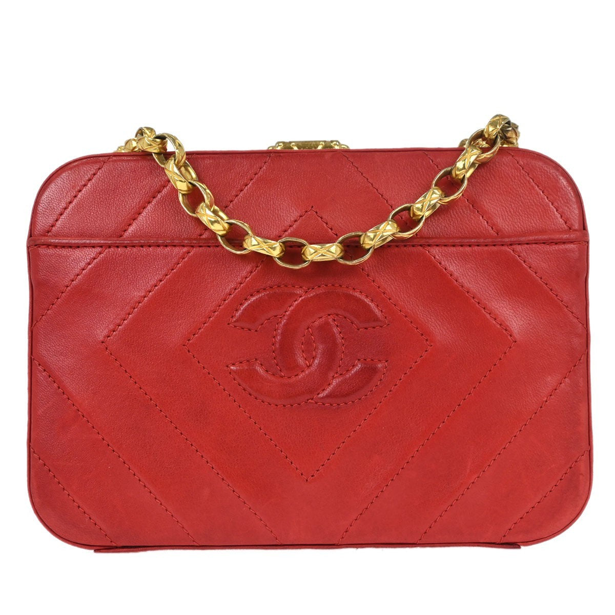 Chanel Camera Chevron Lambskin Red Leather Handbag (Pre-Owned)