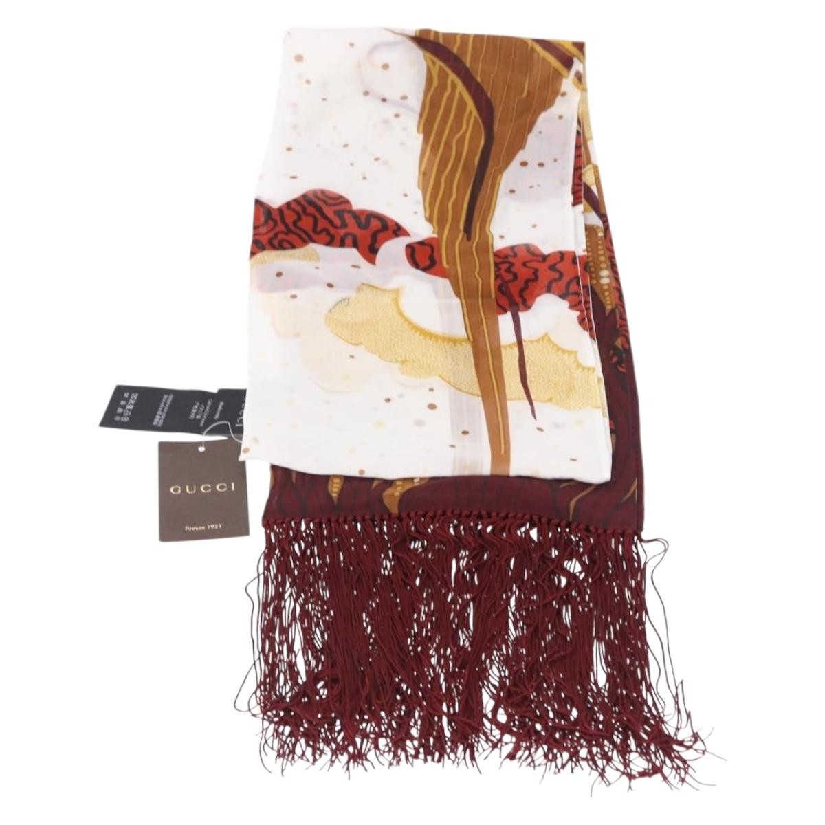 Gucci Printed Silk Fringed Scarf Silk Burgundy Silk Scarve & Shawl Accessory (Pre-Owned)