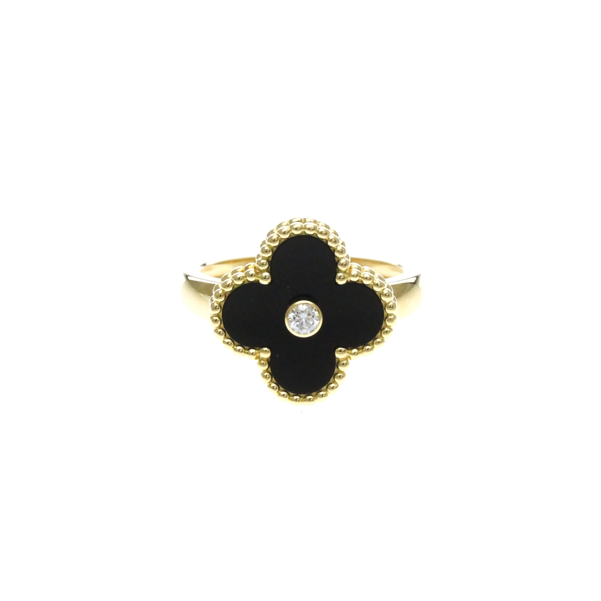 Van Cleef & Arpels Vintage Alhambra 18K Yellow Gold With Carnelian And Diamond Black Yellow_Gold Ring Jewelry (Pre-Owned)