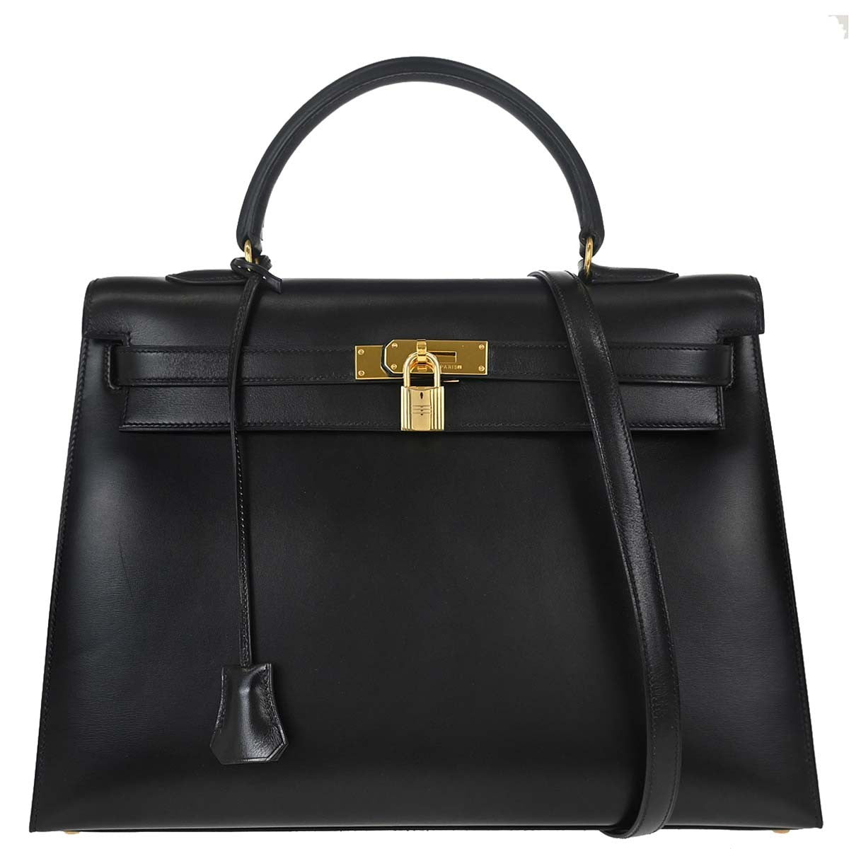 Hermes Kelly Black Box Calf With Gold Hardware Black Leather Handbag (Pre-Owned)