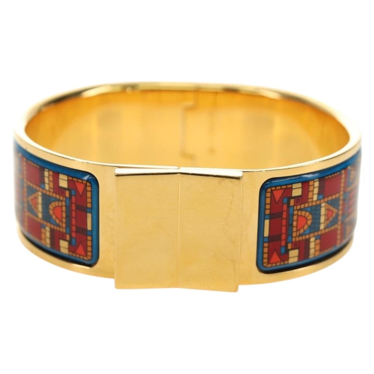 Hermes Loquet Bangle Metal And Printed Enamel Gold Metal Bracelet Jewelry (Pre-Owned)