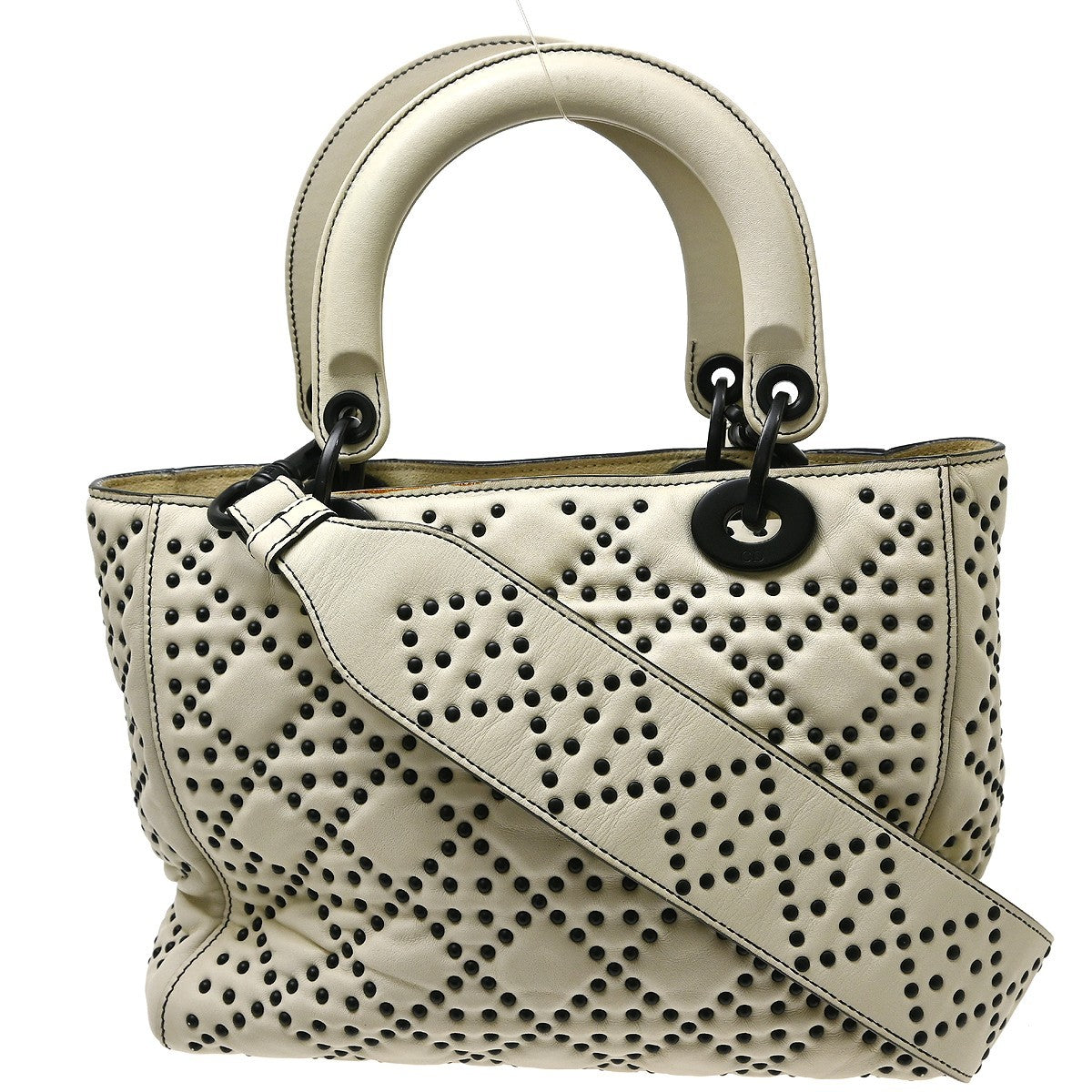 Christian Dior Supple Lady Dior Cannage Studded Lambskin White Leather Handbag (Pre-Owned)