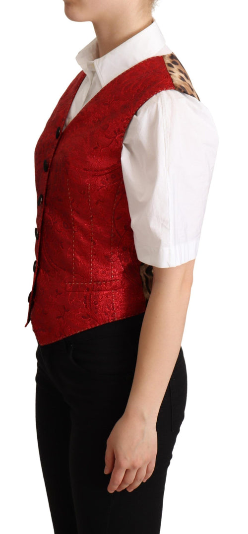 Dolce & Gabbana Red Brocade Leopard Print Women's Waistcoat