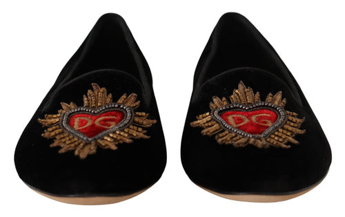 Dolce & Gabbana Black DG Sacred Heart Patch Slip On Flat Women's Shoes