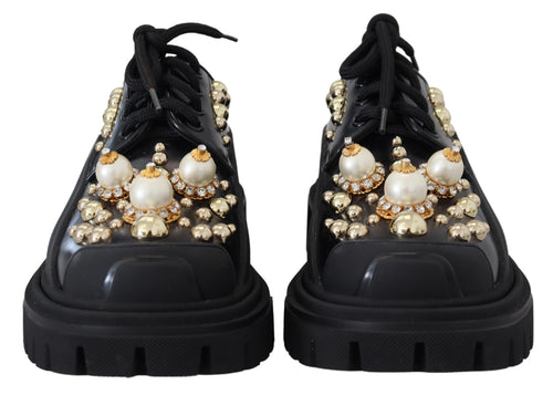 Dolce & Gabbana Black Leather Trekking Derby Embellished Women's Shoes