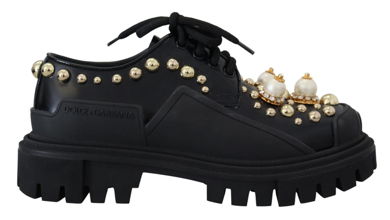 Dolce & Gabbana Timeless Black Leather Derby Flats with Glam Women's Accents
