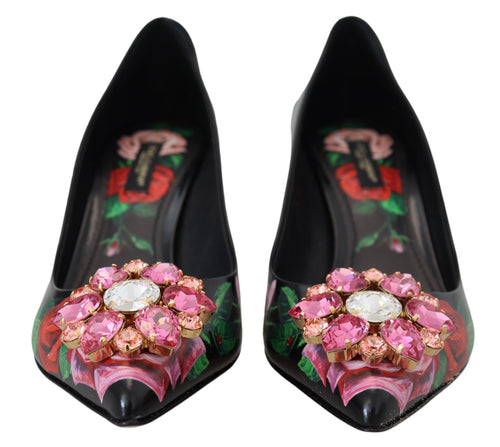 Dolce & Gabbana Black Floral Print Crystal Heels Pumps Women's Shoes
