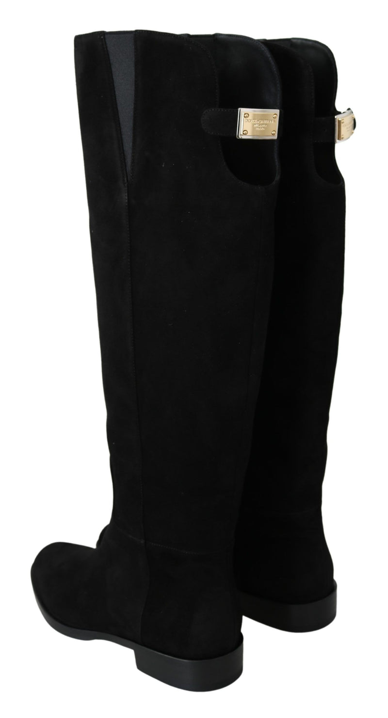 Dolce & Gabbana Black Suede Knee High Flat Boots Women's Shoes