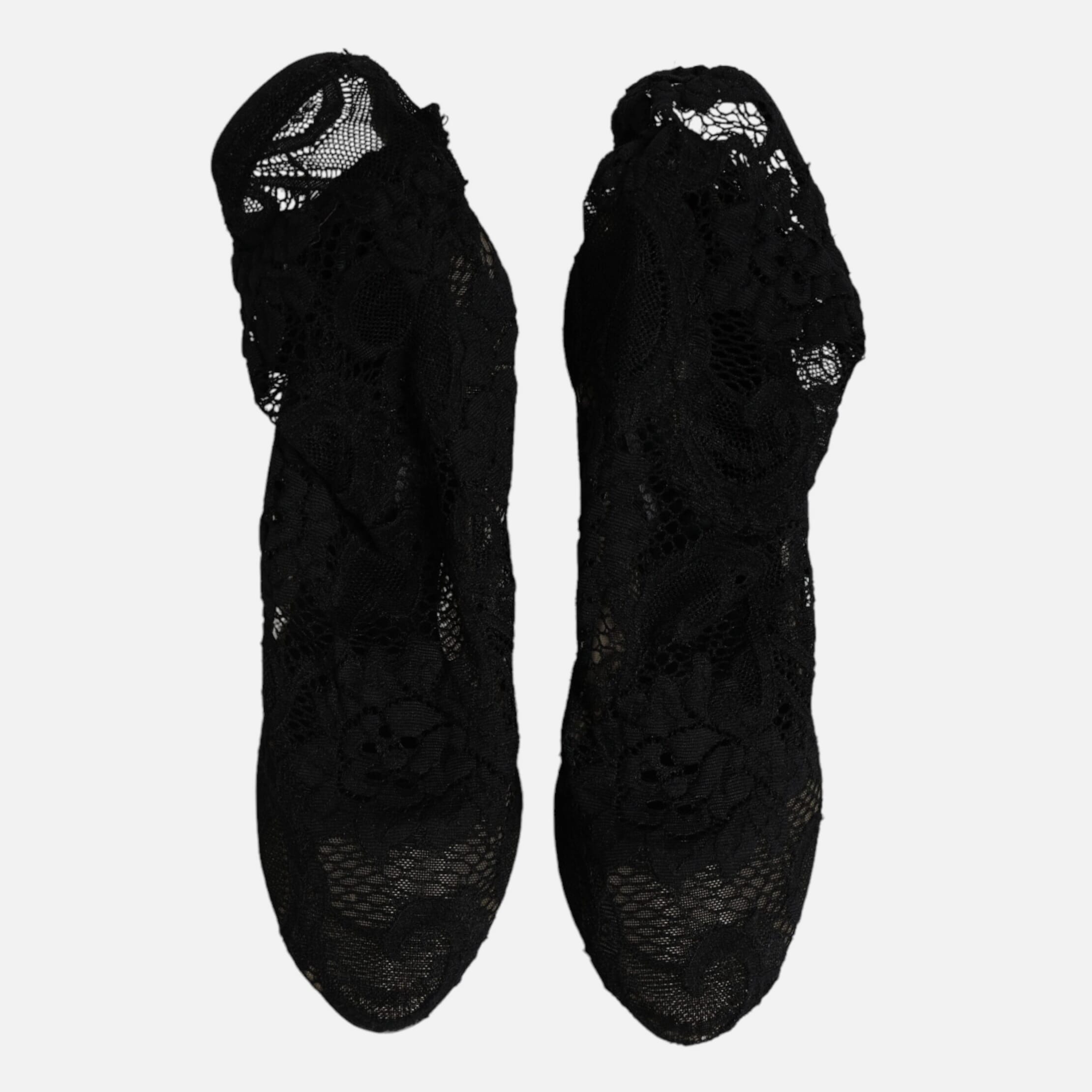 Dolce & Gabbana Black Lace Stretch Heels Mid Calf Boots Women's Shoes (Pre-Owned)