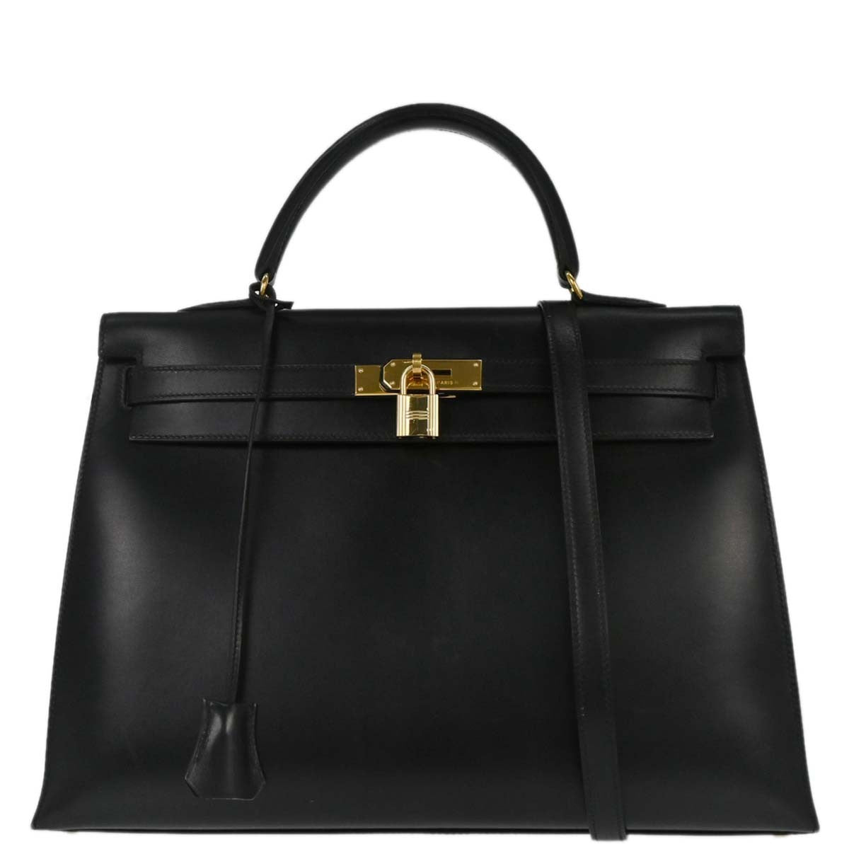 Hermes Kelly Black Box Calf With Gold Hardware Black Lace Handbag (Pre-Owned)